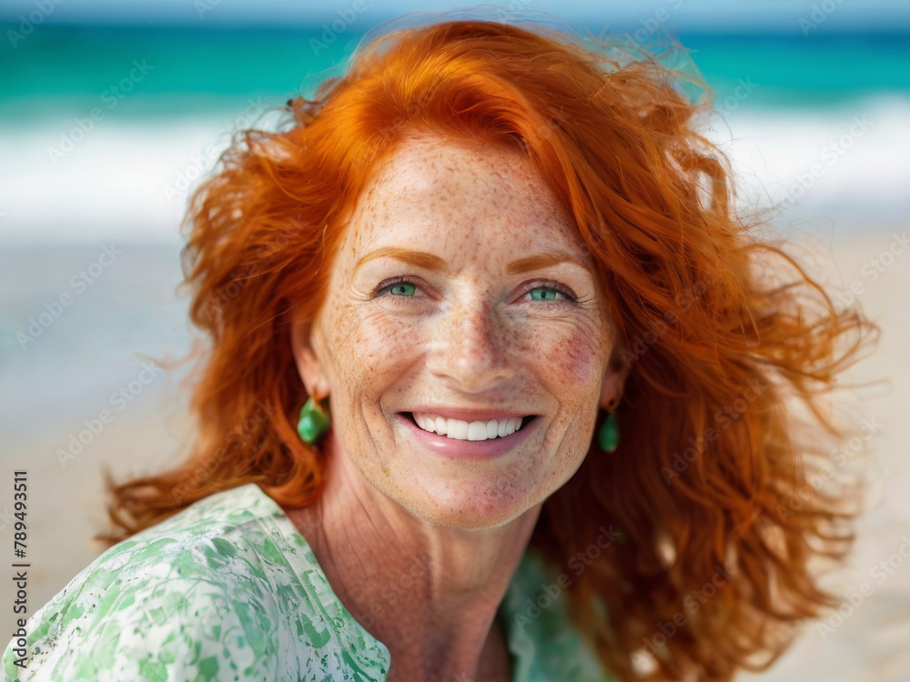 Portrait of a cheerful redhead 45 year old woman with green eyes and flowing curly hair, smiling and laughing, looking at the camera against the sea