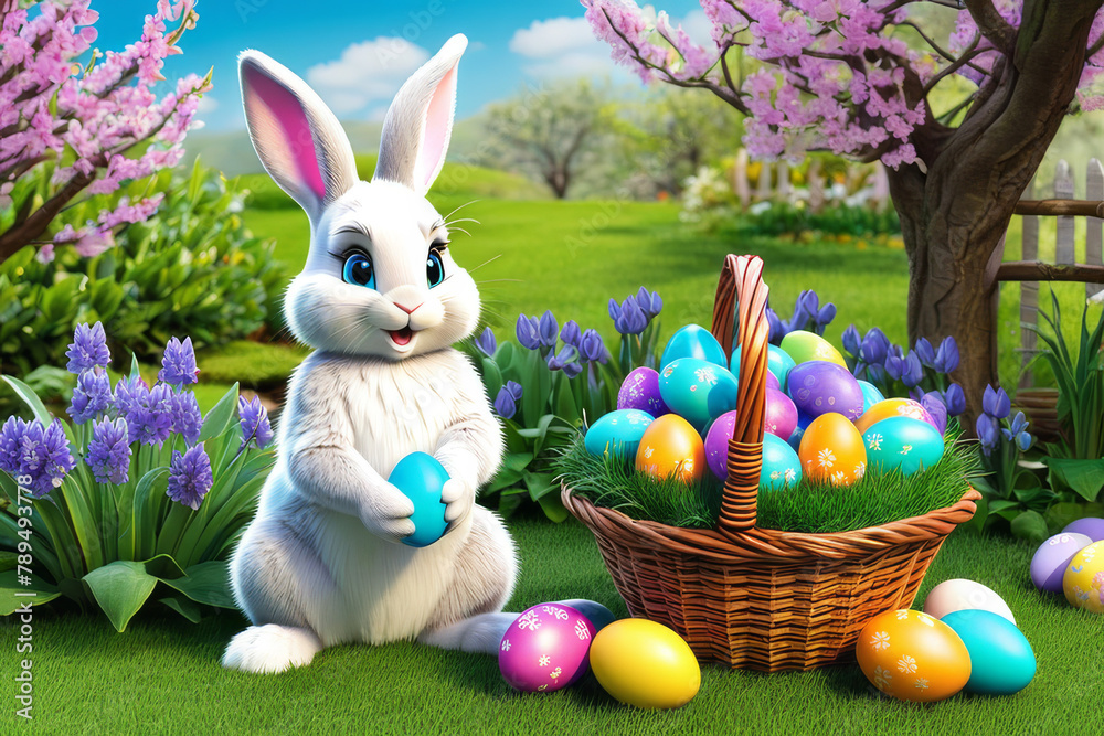 Little rabbit in a green spring lawn with decorated eggs - Easter card