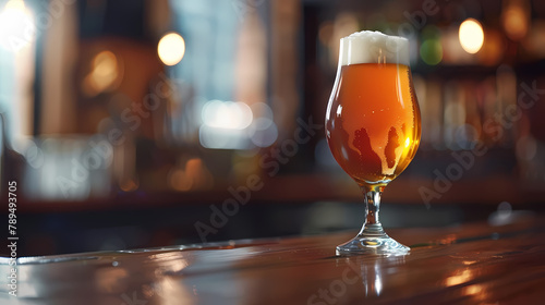 Chilled Beer Glass on a Wooden Bar Counter in a Cozy Pub at Evening © Artistic Visions