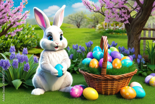 Obraz na płótnie Little rabbit in a green spring lawn with decorated eggs - Easter card w salonie