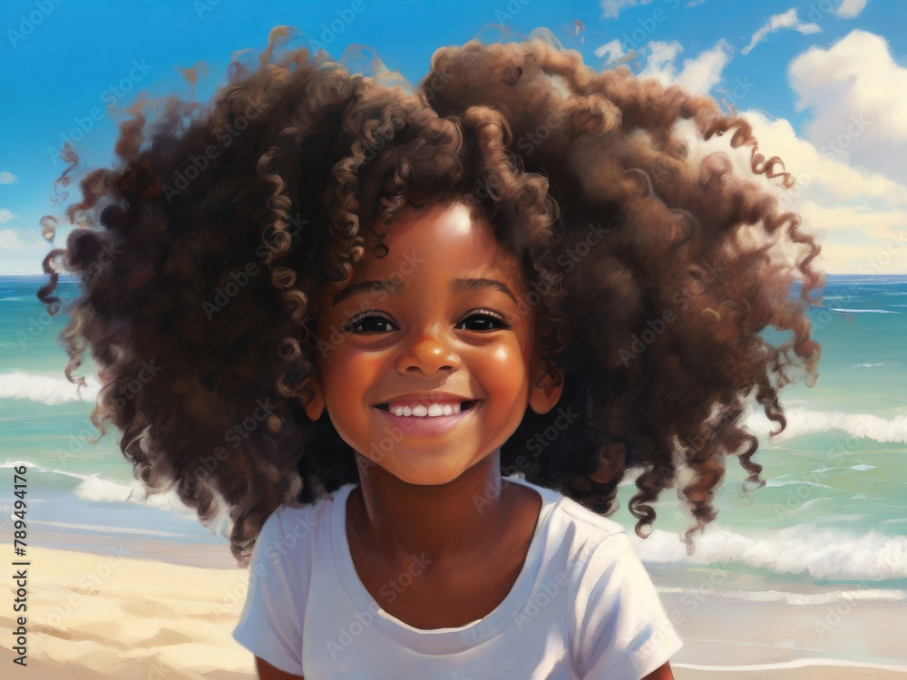 Portrait of an African American 7 year old child having fun on the beach during vacation