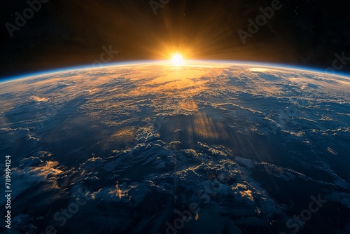 Fototapeta Naklejka Na Ścianę i Meble -  Sunrise graces the Earths horizon in space, casting a breathtaking glow over the planets surface