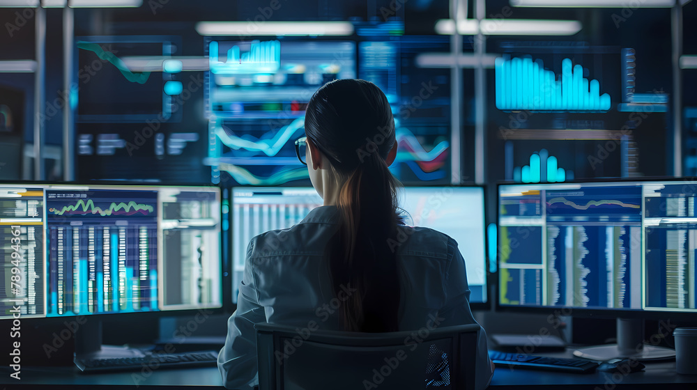 Professional Analyst Monitoring Data on Multiple Screens in Control Room Professional Analyst Monitoring Data on Multiple Screens in Control Room