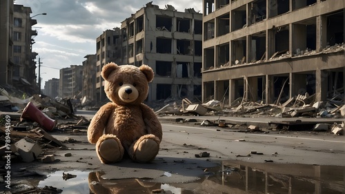 # Prompt 1: Realistic Photographic ImageA brown teddy bear, resembling an English brown bear, sits solemnly on a deserted road amidst the chaos of a city ravaged by war. Buildings around it lay in rui photo