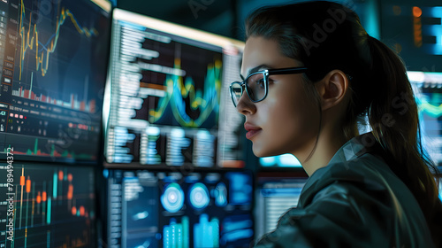Young Female Analyst Examining Financial Data on Multiple Screens at Night