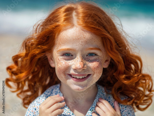 Portrait of a little red-haired girl with freckles on the seashore