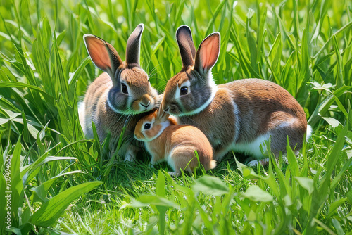 Obraz na płótnie Rabbits. A family of rabbits on a green meadow. Spring flowers and green grass. w salonie