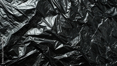 Wrinkled plastic wrap Garbage bag texture on a black background