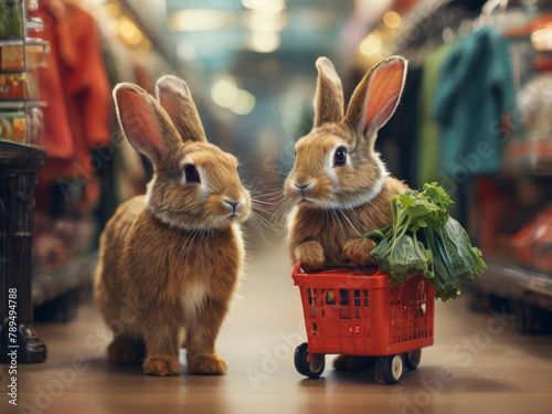 Obraz na płótnie A family of rabbits in a store with carts makes purchases. w salonie