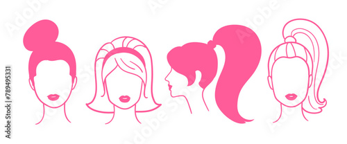 Line art female portraits in pink colors. Minimalistic vector illustrations