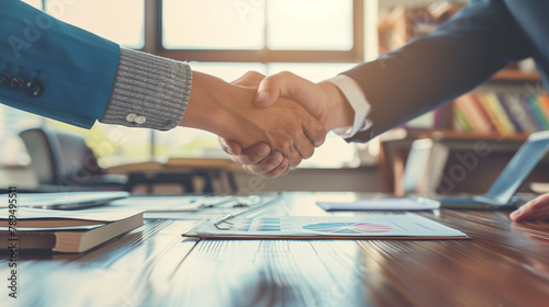 two businesss person handshaking after sucess business agreement negotiation,closing a profitable contract, celebrating a successful partnership, finalizing the agreement, affirming the deal,