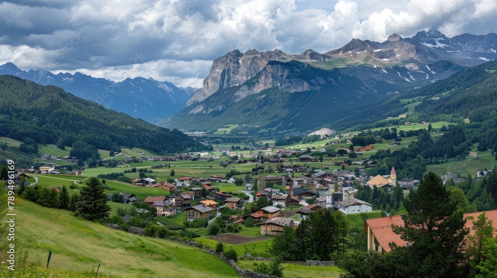 View of a small town among the mountain near Ortisei