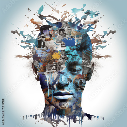 Digital artwork depicting a face fragmented with surreal imagery, representing psychosis