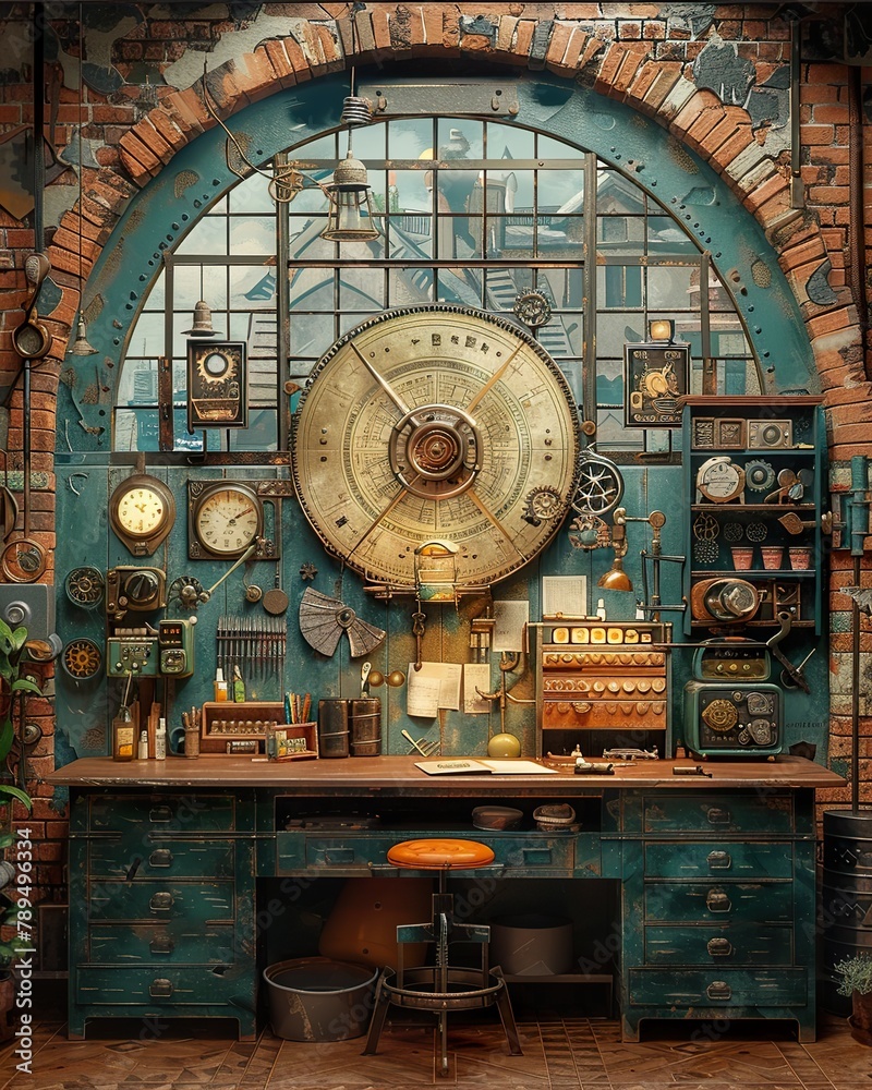 A whimsical steampunk workshop where dreams are forged from gears and ingenuity, retro aesthetic, collage of a 70s style, contemporary art. classic illustration of a 50s era, vintage & pop background,
