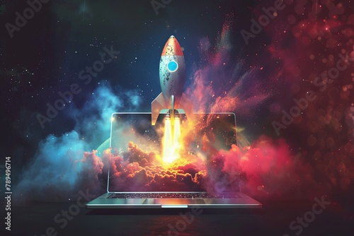 A symbol of modern technology, online marketing, and success in business: a rocket bursts out of a laptop screen with a colorful explosion.
