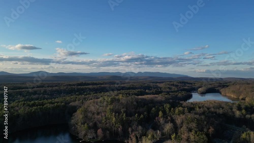 catskill mountains (aerial footage of catskills with lake in foreground) rosendale, kingston (scenic hills at sunset, dusk) upstate new york hudson valley (beautiful landscape drone shot) establishing photo