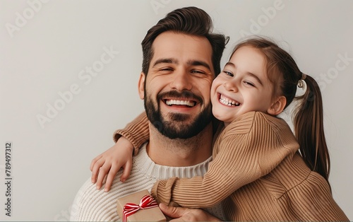 Father's day. Happy family daughter hugging father and laughing on holiday