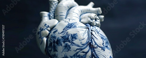 Porcelain in white and blue, featuring a Gzhel painting of a human natural realistic heart. photo