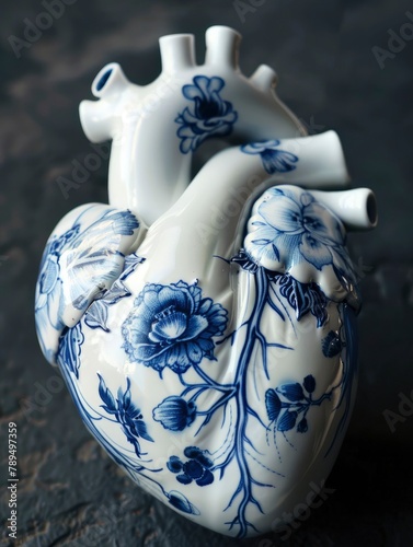 Porcelain in white and blue, featuring a Gzhel painting of a human natural realistic heart. © MSTSANTA