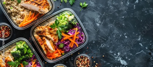 Overhead shot of meal prep containers filled with quinoa, chicken, and cole slaw, with space for text. photo