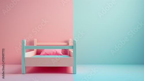 Pink wooden bed miniature on pink and blue background