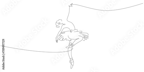 Vector one line art illustration of a Ballerina. Dancing woman in oneline style