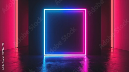 Square rectangle picture frame with two tone neon color on black wall and floor