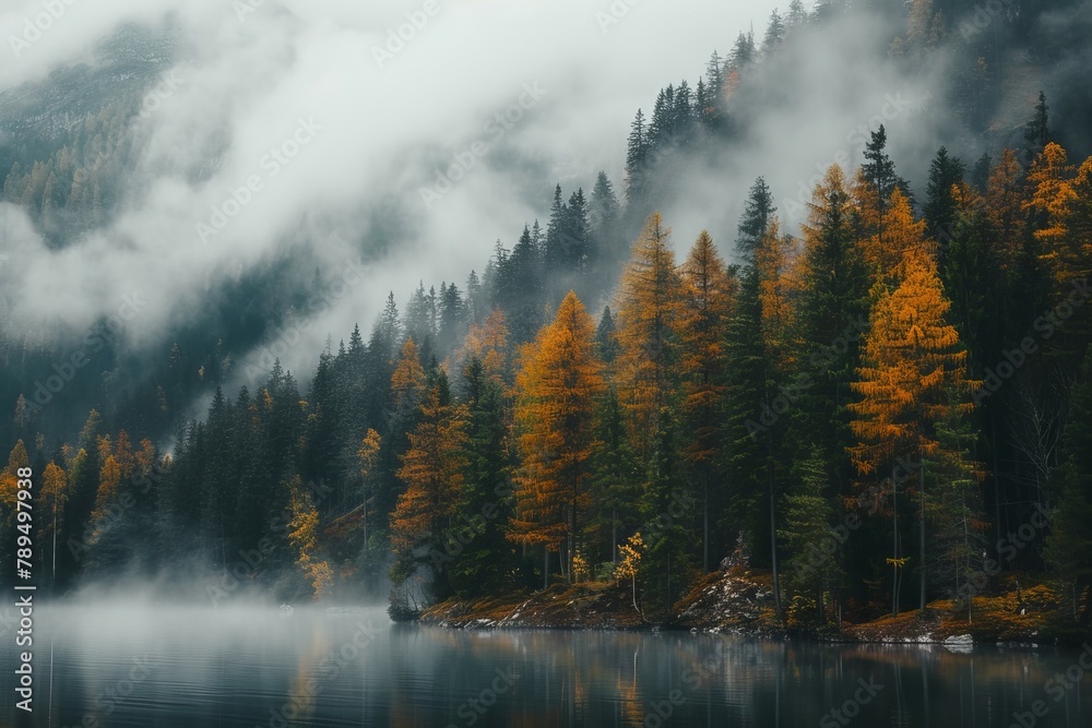 Tranquil lake in misty nordic forest in autumn