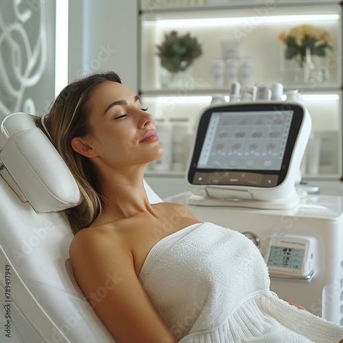 Woman in a serene beauty clinic, discussing cosmetic surgery with a surgeon, focused and hopeful , 3D render photo