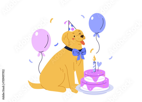 Happy dog celebrating birthday party with balloons and eating homemade dog cake. Puppy receiving surprise holiday gift. Vector illustration.