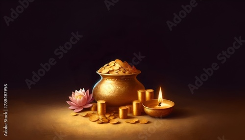 Akshaya tritiya background illustration with a pot with gold coins and decoration. © Milano
