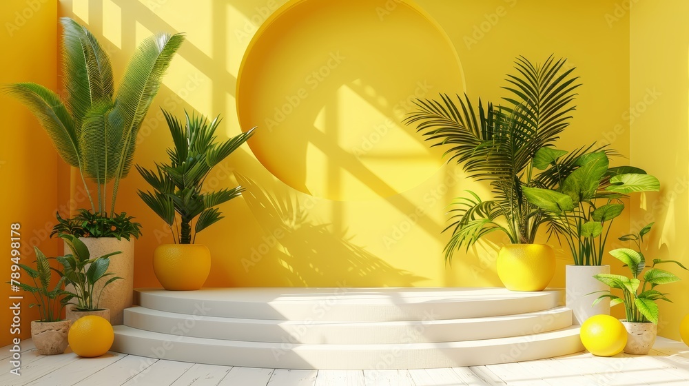 A yellow room with a white staircase and a yellow wall. There are many plants in the room, including a large palm tree