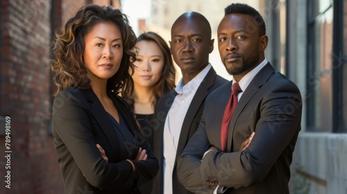A realistic picture of a business woman, an african american business man, and an asian business woman all standing and looking at the camera
