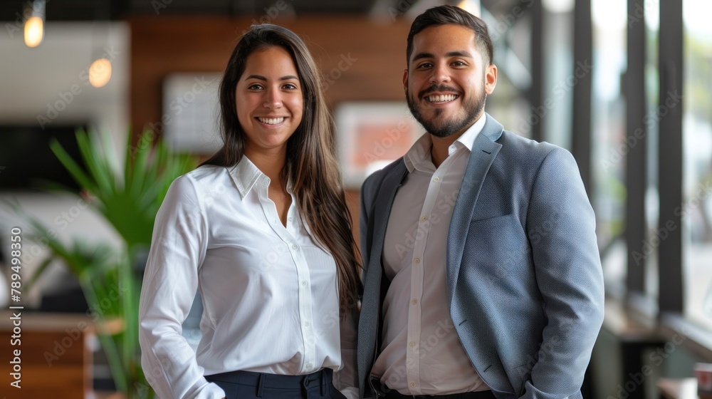 photo of insurance company employes female and male, smiling, full body view, total angle photo of insurance company employes female and male, smiling, full body view, total angle