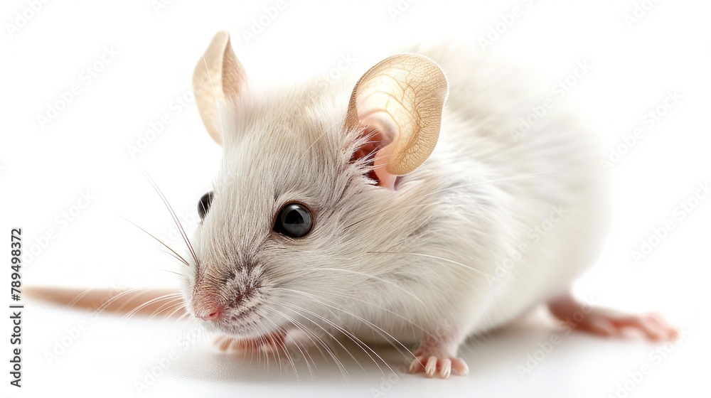A close-up of a white laboratory mouse isolated on a clean white background. A close-up of a white laboratory mouse isolated on a clean white background.