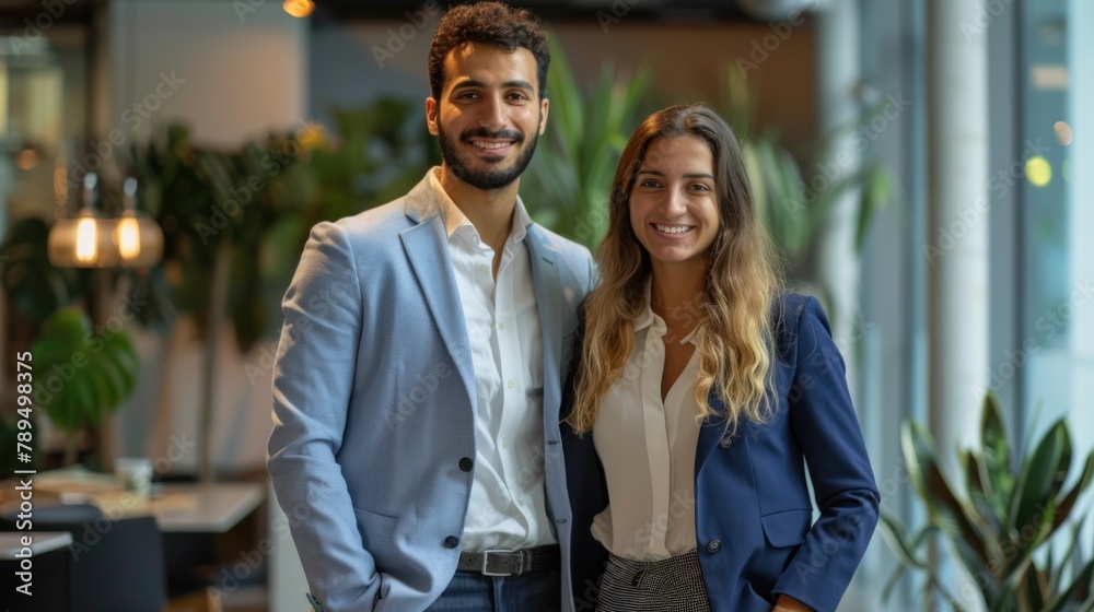 Naklejka premium photo of insurance company employes female and male, smiling, full body view, total angle 