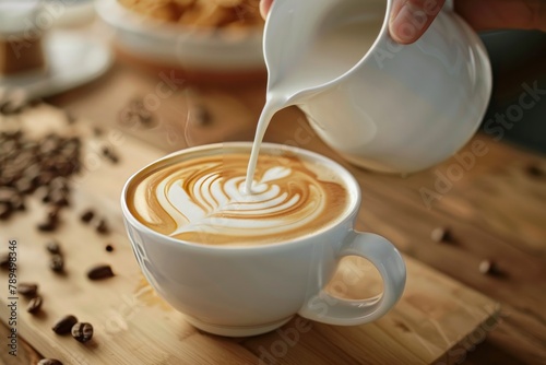 A barista pours coffee into a cup while holding a milk frother in order to create a latte art.