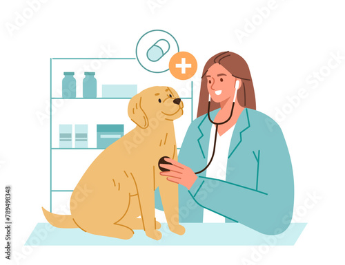 
Veterinarian doctor examining dog with stethoscope at treatment table in vet clinic. Veterinary medicine and pets care concept. Vector illustration.
