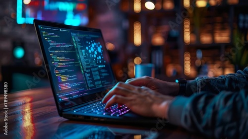 An IT professional coding on a laptop with a privacy screen filter to prevent visual hacking