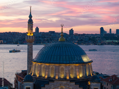 Ayazma Mosque and Maiden's Tower in the Sunset Time Drone Photo, Uskudar Beach Istanbul, Turkiye (Turkey) photo