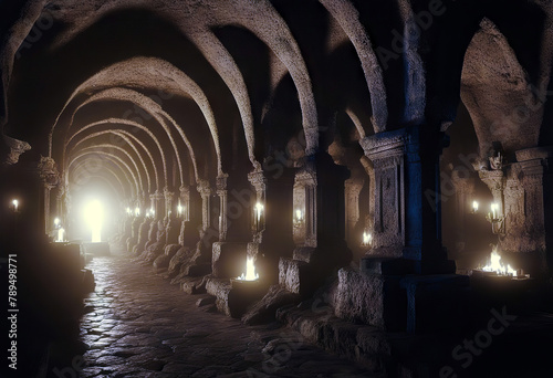 catacombs torches nightmare Rendering Mystical endless medieval 3D Scary concept abandoned gaol church catacomb ancient old background creepy architecture mediaeval scarey abstract dungeon corridor photo