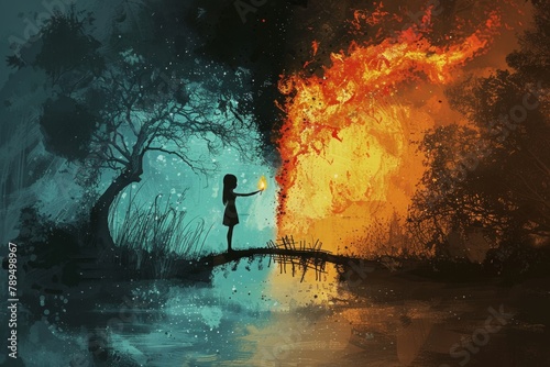 Silhouetted against a mystical landscape, a girl holds a flaming matchstick to a tree, setting off a dramatic burst of fire and contrasting cool blues. photo