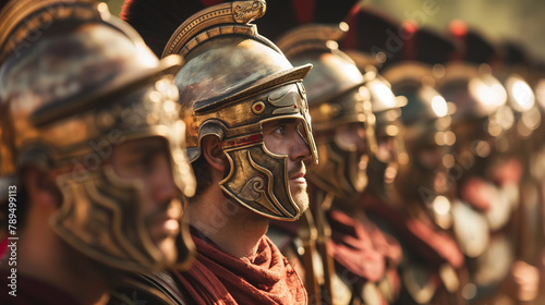 Roman soldiers in armor stand in profile during golden hour, their helmets glinting in the sunlight, evoking historical strength.