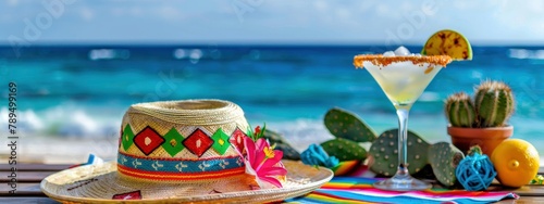 A vibrant sombrero and a margarita glass rest on the table, with beach décor such as cacti and an ocean view.