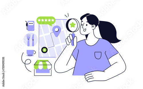Local seo concept. Search marketing specialist making result page optimization with local relevance for small business. Vector illustration.
