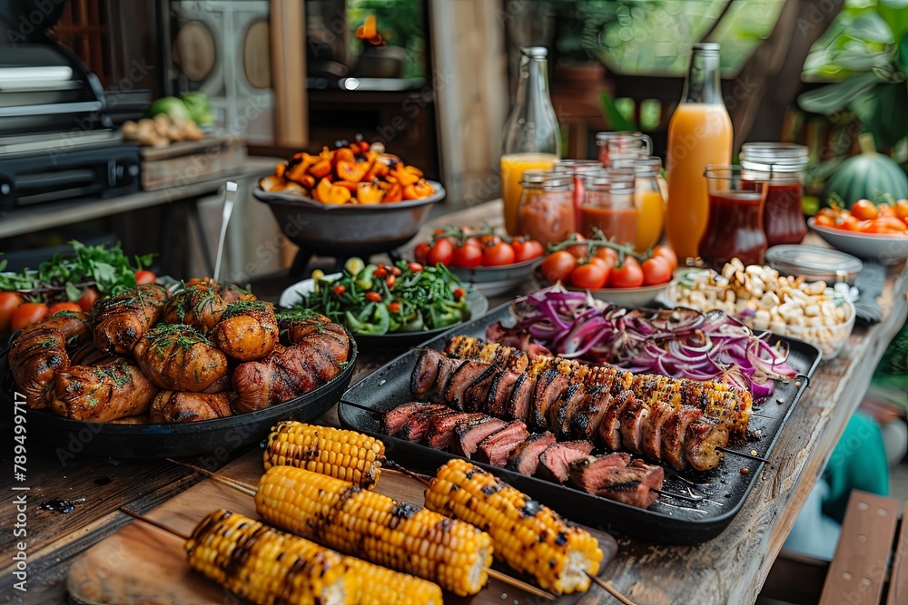 table with summer food such corn on the cob, grilled meat, hot dogs, veggie skewers, plates of ripe and colorful fruits or vegetables,