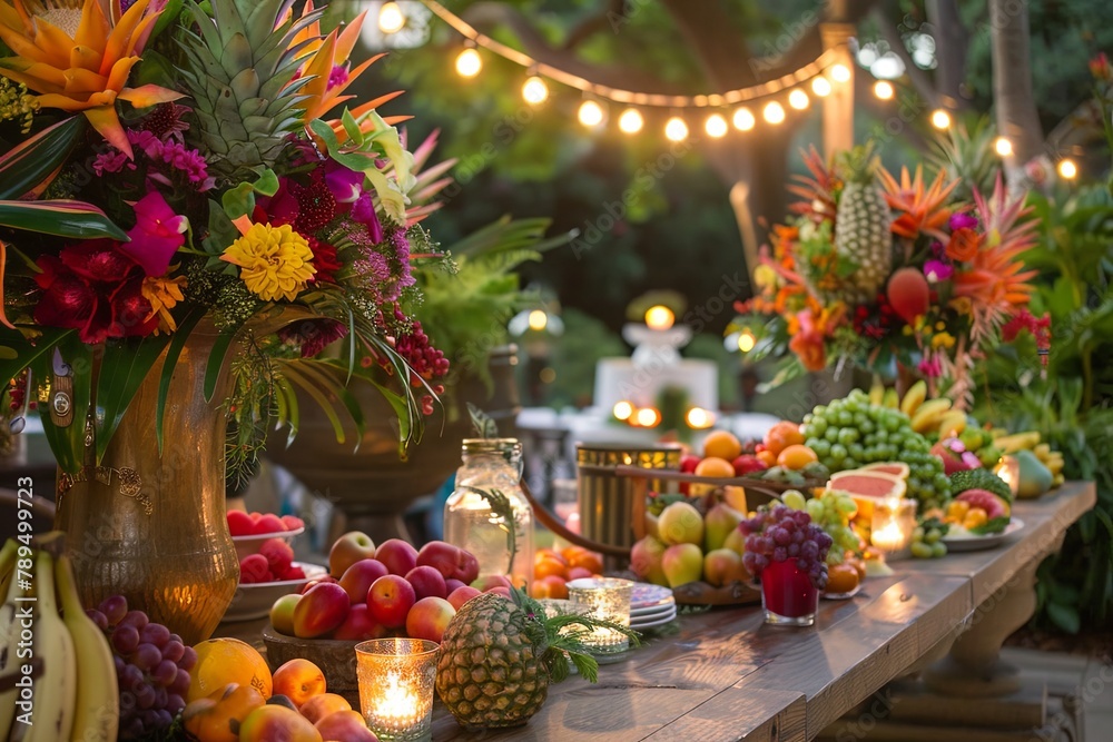 Summer Soiree: Festive decorations, twinkling lights, and tables adorned with fresh fruits and flowers, setting the scene for a delightful outdoor gathering under the summer star