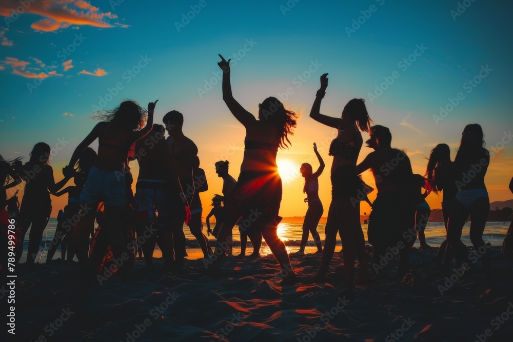 Fototapeta premium Silhouettes sway in a vibrant sunset at a tropical beach dance party, epitomizing summer joy.