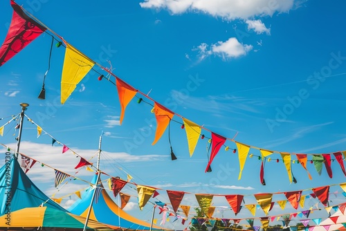 Festival Vibes: Colorful banners, vibrant flags, and festive tents creating a lively atmosphere, perfect for promoting outdoor events and festivals