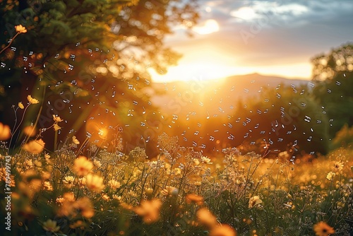 Summer Serenade: Musical notes dancing in the air amid a backdrop of sunlit meadows and swaying trees, conveying the melodic harmony of nature during summer